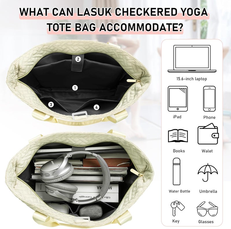 LASUK Tote Bag For Women, Checkered Zipper Laptop Shoulder Bag, Gym Tote Bag with Yoga Mat Bag, for Gym, Work, Travel, Shop - Image 4